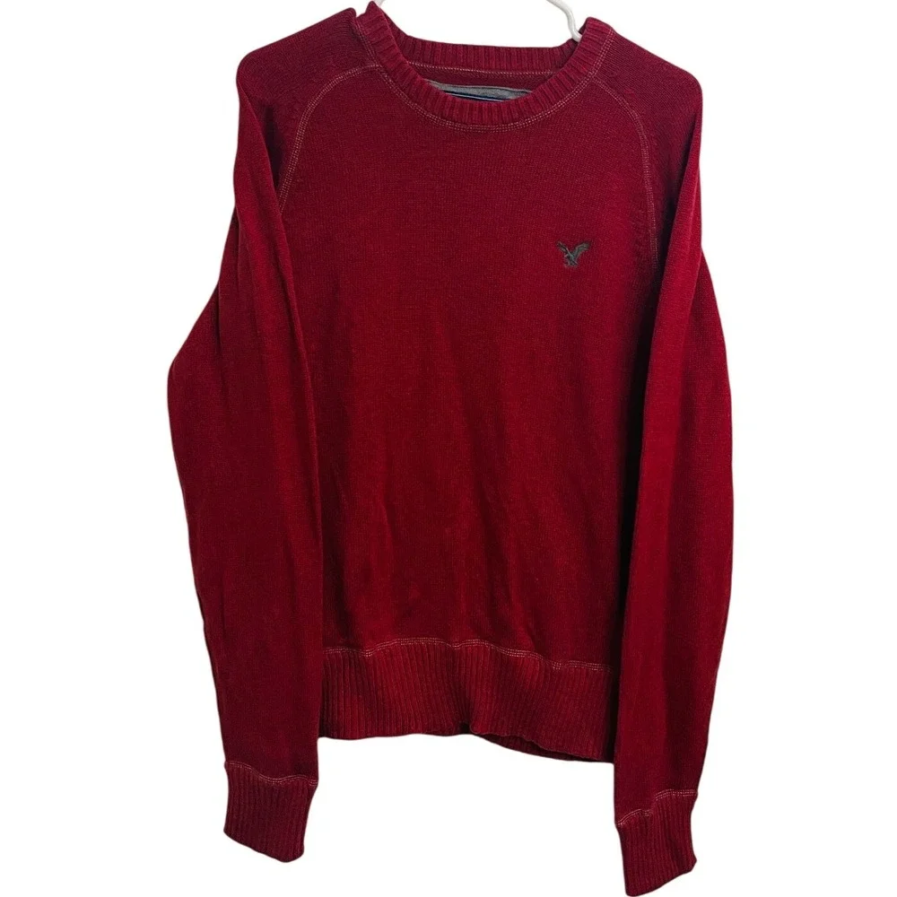 Y2K American Eagle Men's Sweater Medium Red Crewneck Logo Knit Preppy Mallcore‎